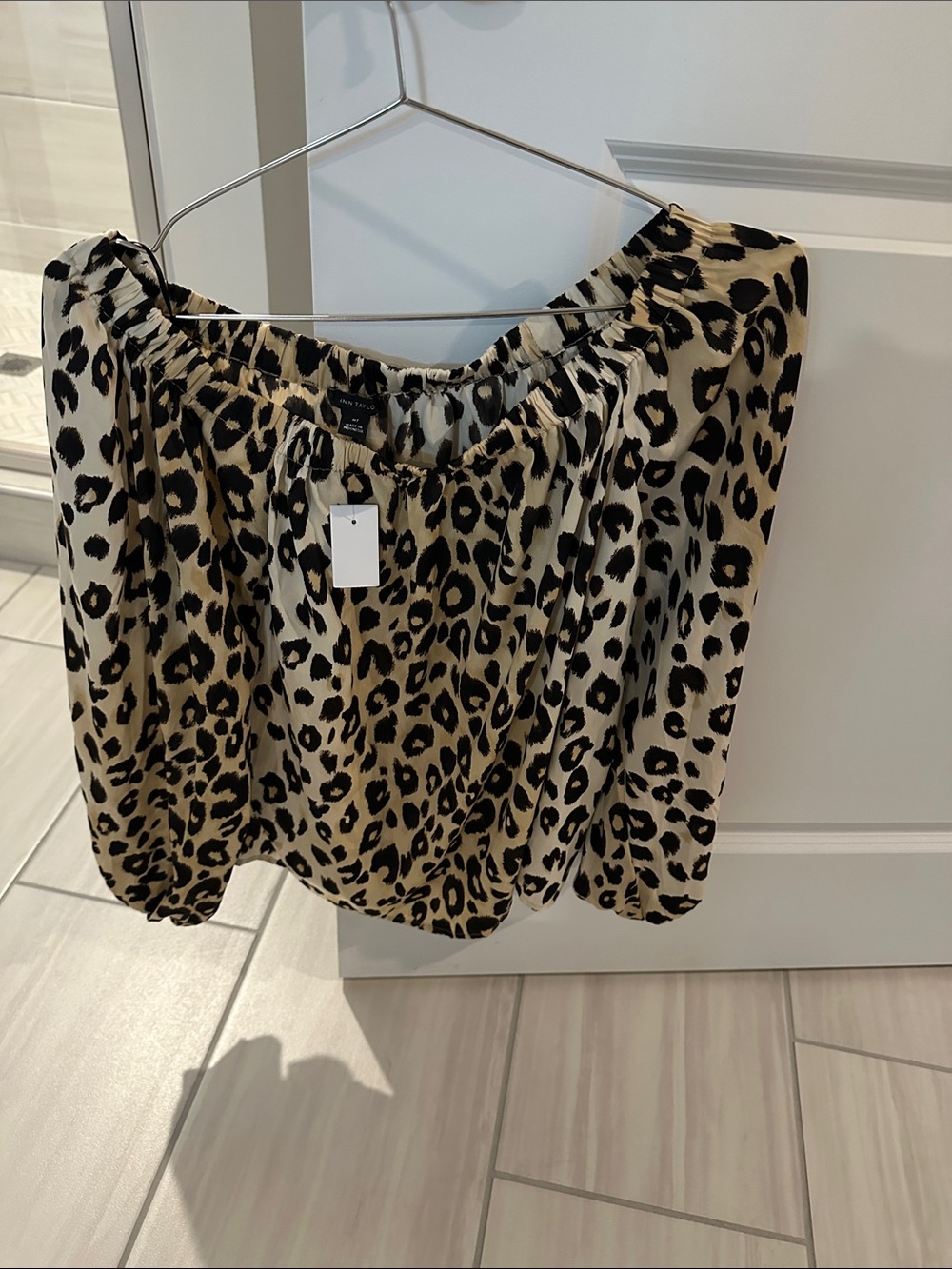Ann Taylor Beige and Black Leopard Off-Shoulder Blouse